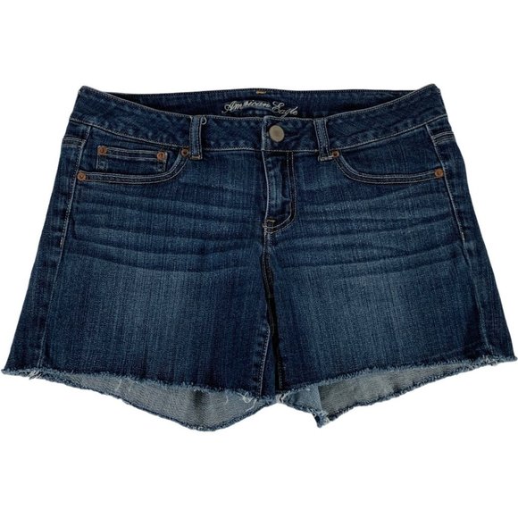 American Eagle Cutoff Jean Shorts Sz 10 Step Hem Denim Stretch Medium Wash Whisk - Picture 1 of 9
